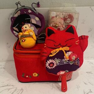 New Maneki Niko Red Japanese Lucky Cat and Coin Purse Set